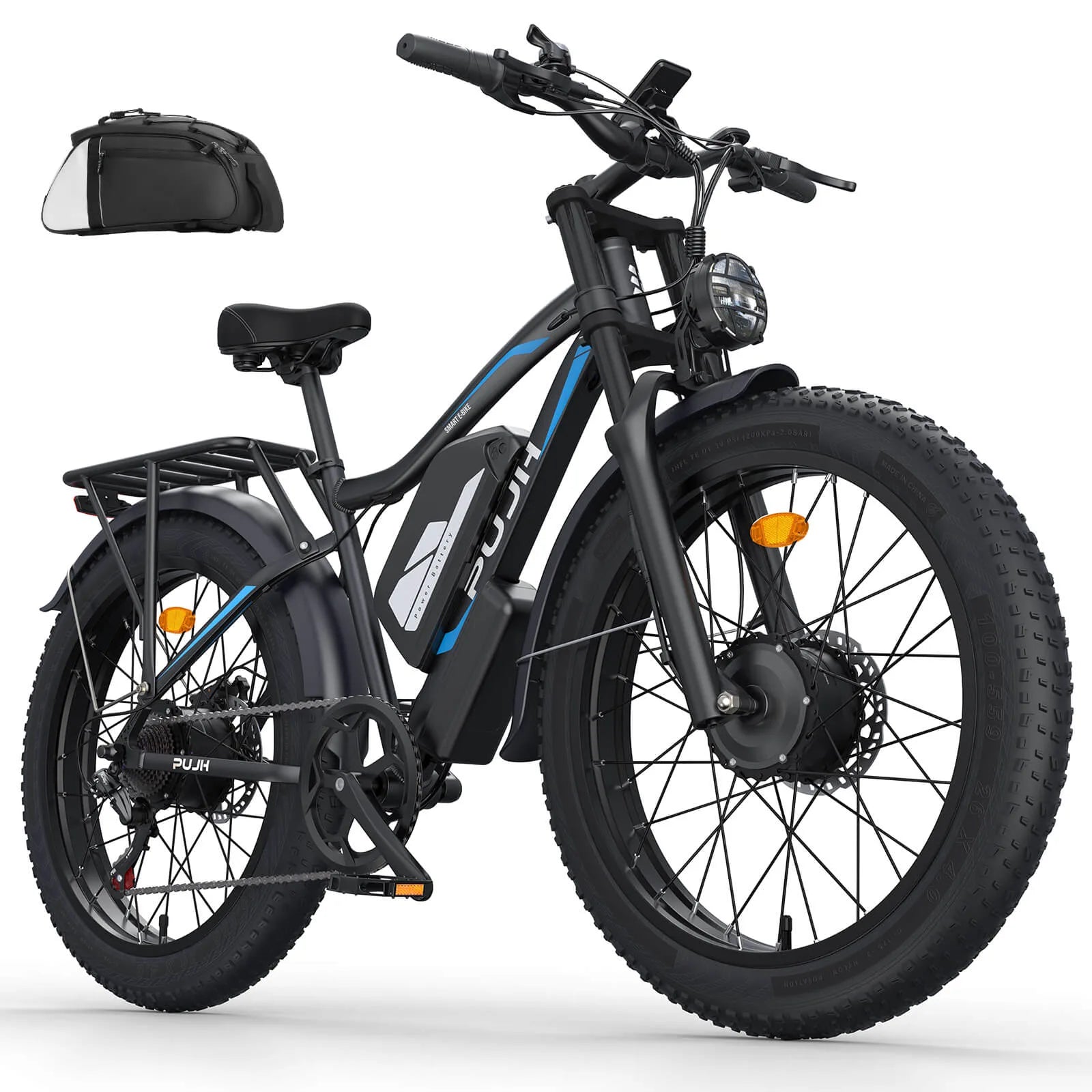 White background image of PU266 electric bicycle and pannier bag