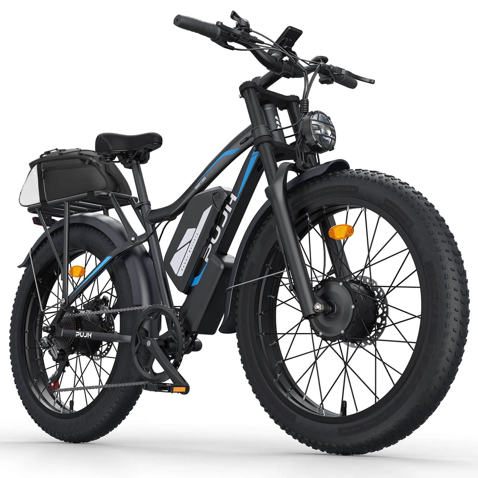 White background image of PU266 electric bicycle and pannier bag