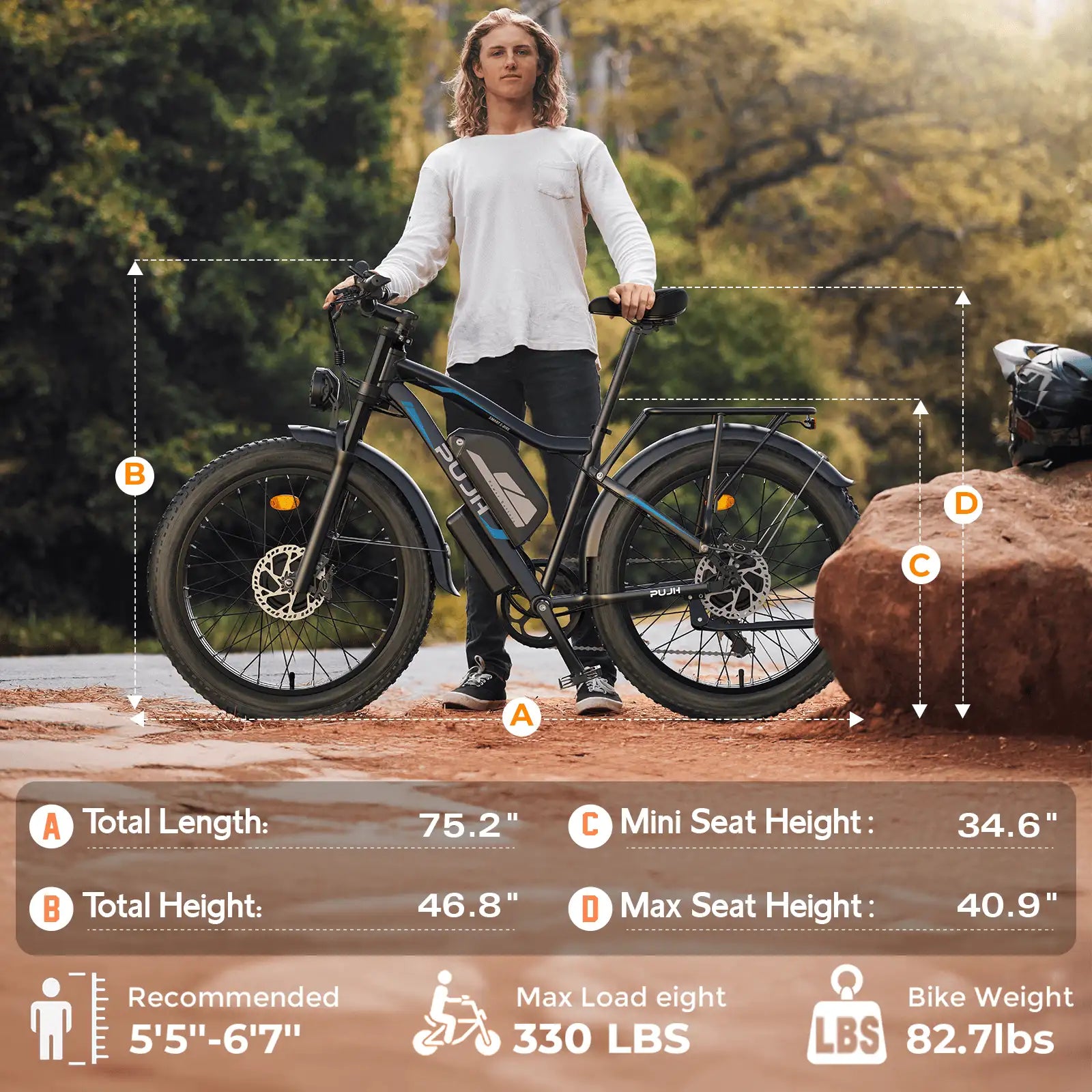Person standing next to the pu266 electric bicycle with measurement details on a natural background