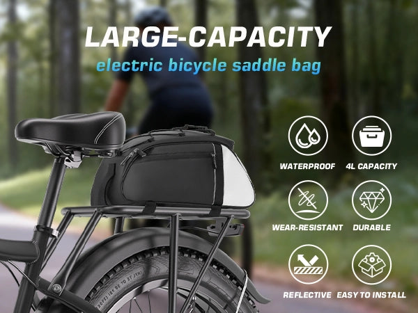 Electric bicycle saddle bag with features highlighted on a blurred forest background