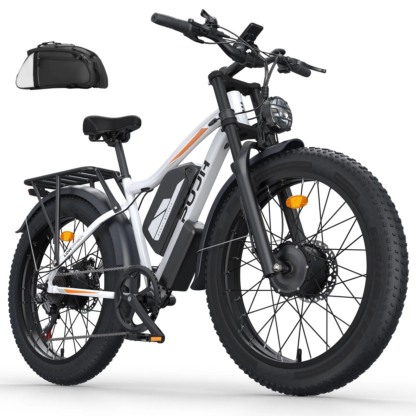 White background image of PU266 electric bicycle and pannier bag