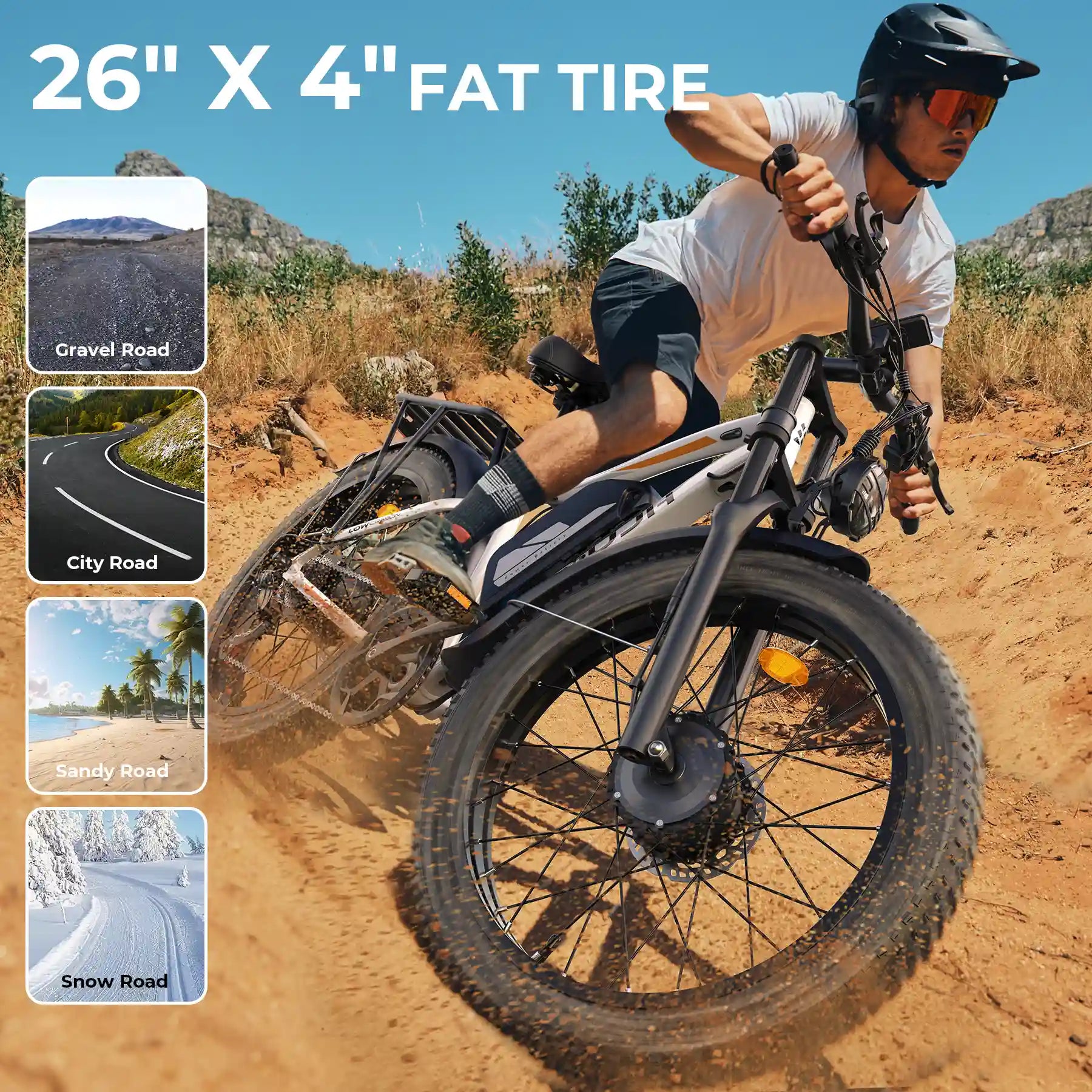 Person riding the pu266 electric bike with 26" x 4" fat tires on a dirt road, This electric bicycle is suitable for various terrains.