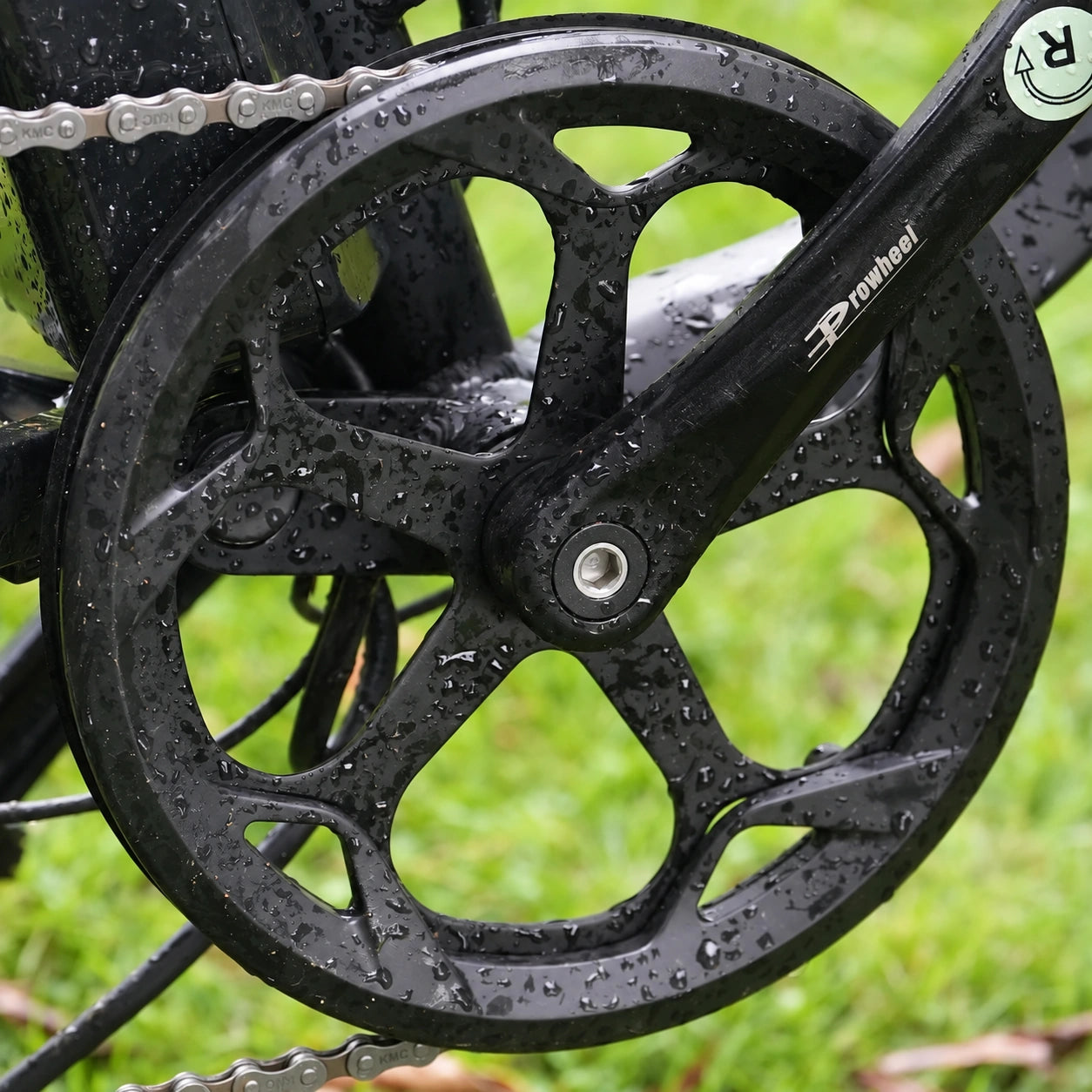 PUJH PU3 fat tire electric bike Prowheel crankset and chainring drivetrain close-up