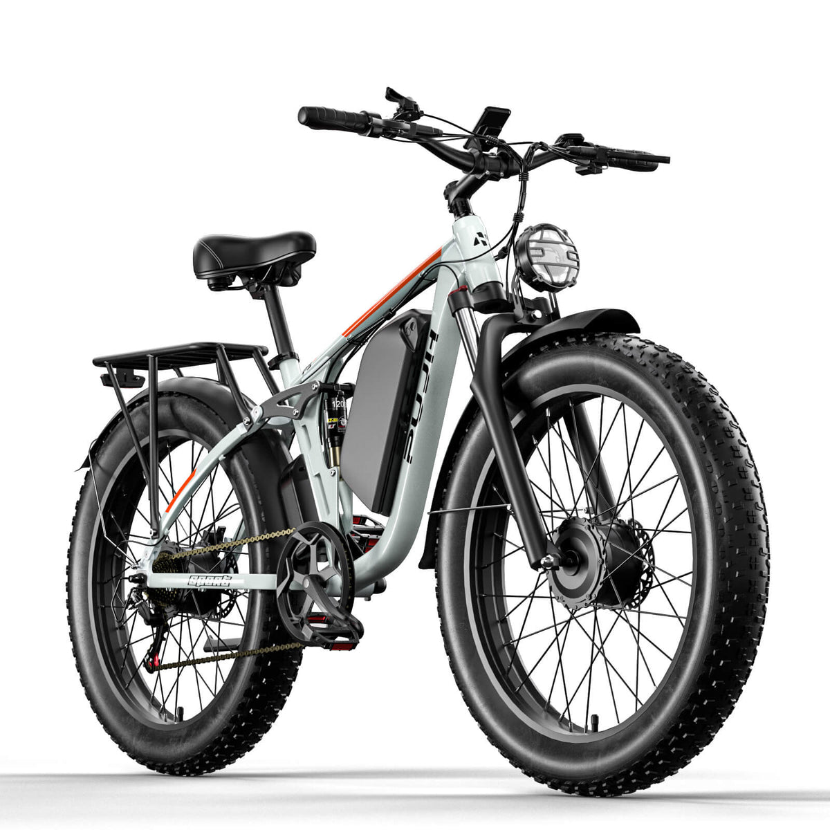PUJH PU354 white fat tire e-bike with suspension, powerful electric bicycle suitable for snow and sand.
