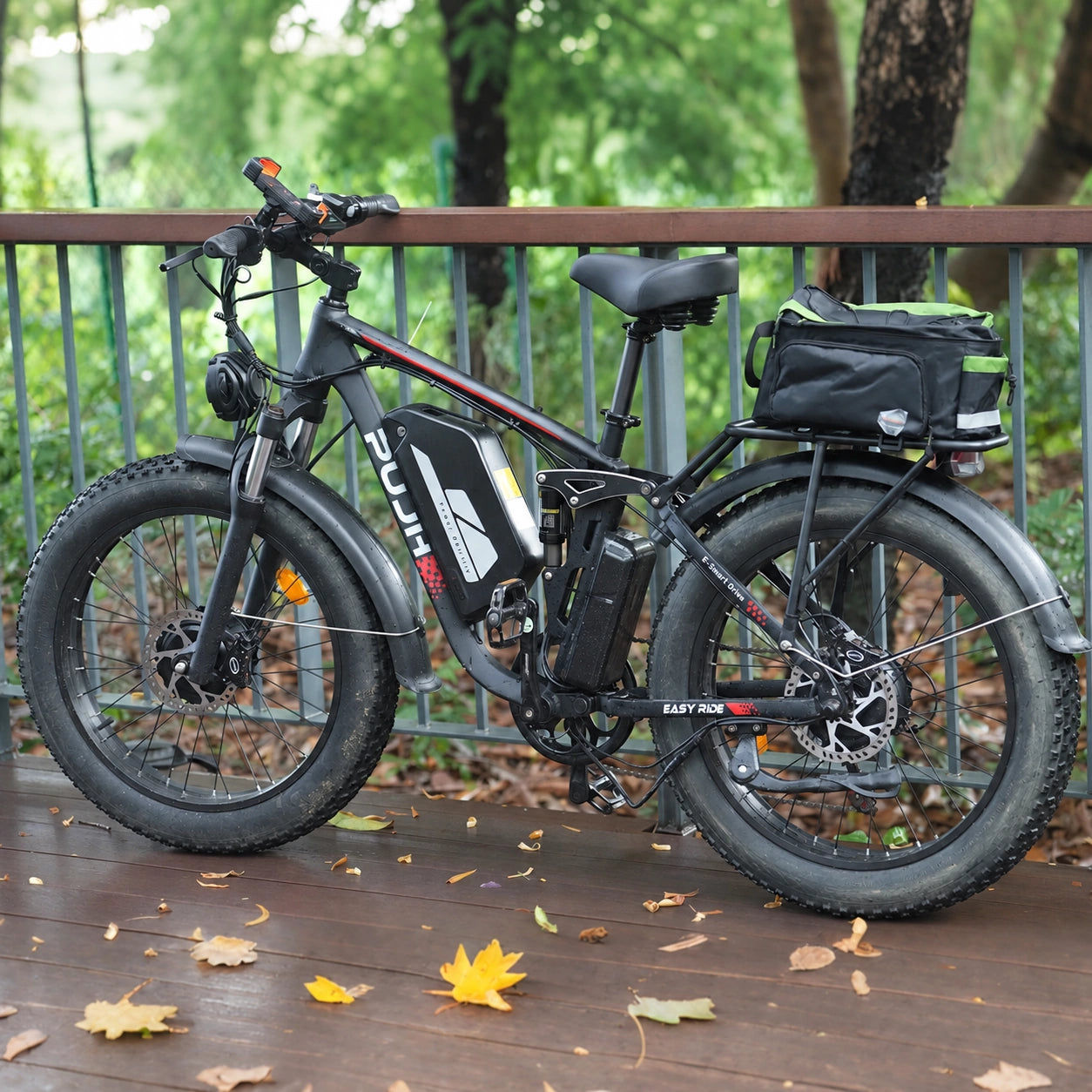 PUJH PU364 dual motor 24 inches fat tire electric bike with 6000W peak power, 60V 20Ah battery, full suspension, hydraulic disc brakes, and rear cargo rack