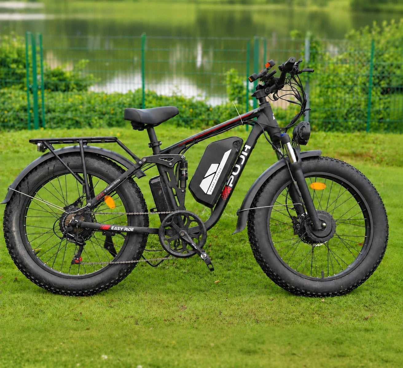 PUJH PU364 6000W peak dual motor 24 inches fat tire electric bike shown in side view, with a 60V 20Ah battery, full suspension, and hydraulic disc brakes