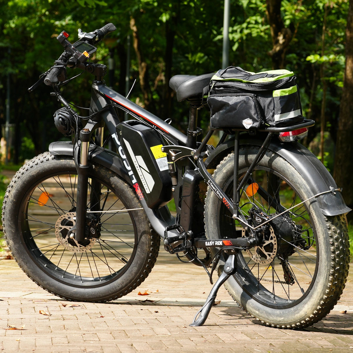 PUJH PU366 dual motor fat tire electric bike with 6000W peak power, 60V 20Ah battery, full suspension, hydraulic disc brakes, and rear cargo rack