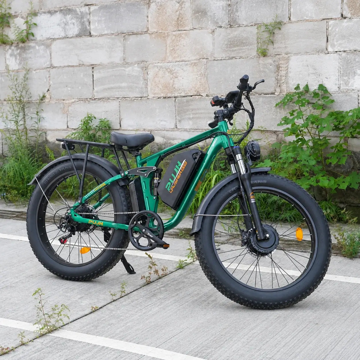 PUJH PU366 green dual motor fat tire electric bike with front suspension and rear cargo rack