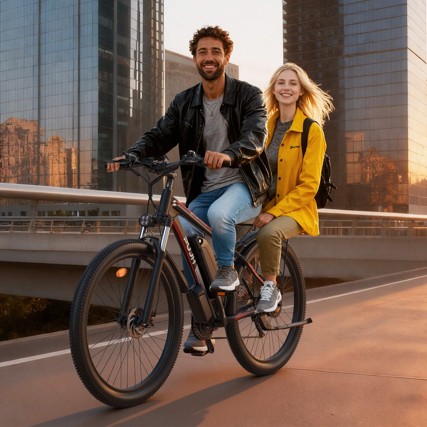 Man and woman riding a bicycle together in an urban setting with tall buildings in the background.