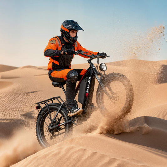  A man riding an Mountain off-road electric bicycle in the desert